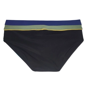 Detail of men's black swim briefs featuring a colorful striped elastic waistband