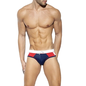 Men's classic color-block swim briefs in navy, red and white with adjustable drawstring