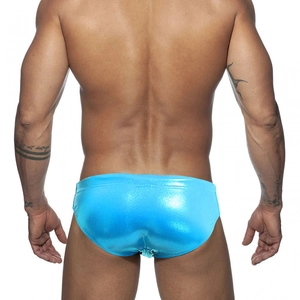 Rear view of mens shiny metallic electric blue swim briefs with tight athletic fit