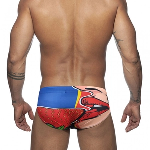 Pop art men's low-rise swim briefs with strawberry and lip prints back view