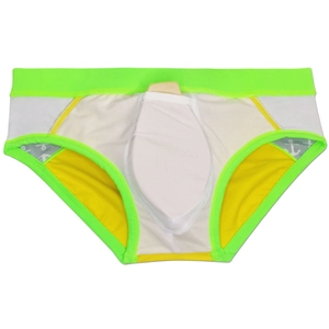 Men's color-block swim briefs with neon green waistband and internal shaping pad