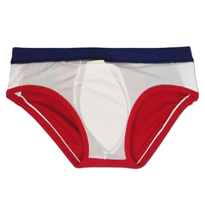 Detail view of men's low-rise tricolor swim briefs featuring breathable mesh and pouch