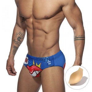 Men Sexy Low Waist Bikini Swim Briefs Pop Art Printed Quick Dry Swimwear With Removable Pad For Beach Pool Swim Shorts