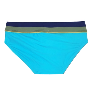 Detail view of men's blue swim bikini with tricolor elastic waistband on white background