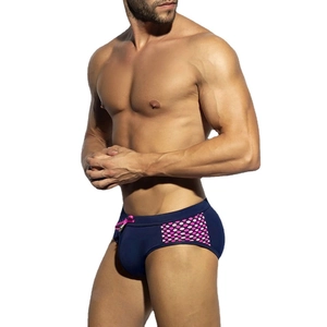 Maillot de bain bleu marine pour hommes avec panneaux à pois roses et cordon de serrage