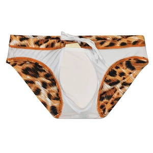 Detail of leopard print men swim briefs showing white inner lining and drawstring