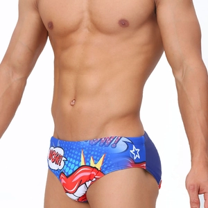 Detail of men's quick-dry swim briefs with pop art comic print and WOW text design