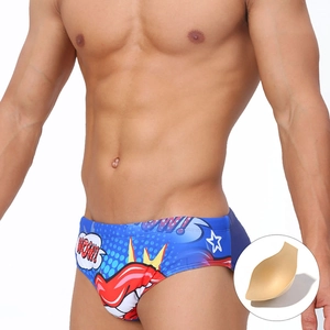 Detail of men's pop art bikini briefs with blue print and removable sponge padding insert