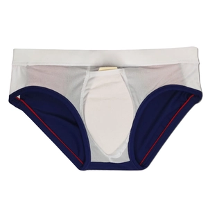 Detail view of mens swim briefs featuring a contoured pouch and elastic wide waistband