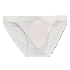 Front view of white low-rise men's swimwear with breathable mesh panels and padded cup pouch