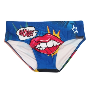 Detail of men's quick-dry swim bikini with pop art red lip print and WOW! graphic