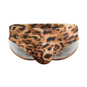 Men's low rise leopard print swim trunks featuring wild animal pattern and quick dry fabric