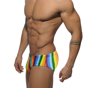 Men's sexy rainbow striped swim briefs with classic athletic cut and quick-dry fabric