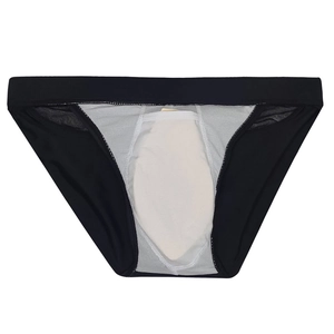 Detail view of men's black swim briefs featuring a white protective breathable mesh lining