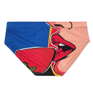 Men's low rise swim briefs featuring pop art lip and strawberry print in bold colors