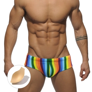 Men Sexy Rainbow Striped Swim Trunks Low Waist Polyester Spandex Swimwear With Removable Pad Multicolor Sports Swim Briefs