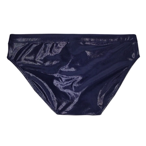 Détail du slip de bain bleu foncé pour hommes avec finition pailletée et coupe ajustée