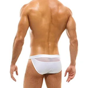 Men's sexy white low-rise swim briefs with translucent mesh back panel and elastic fit
