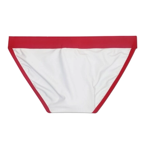 Flat lay of men's white high-cut swim briefs with a wide red elastic waistband and trim