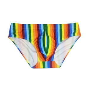 Men's colorful vertical rainbow striped swim briefs with a classic low-cut fit