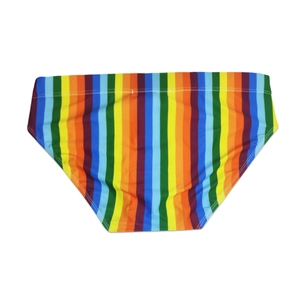 Detail of men's swim briefs featuring vibrant rainbow vertical stripes and elastic waistband
