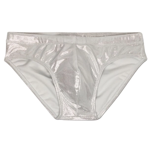 Détail du tissu argenté métallisé brillant et de la coupe classique du slip de bain homme