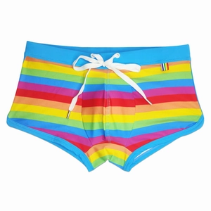 Men's split swim trunks with blue fabric and rainbow striped elastic waist drawstring