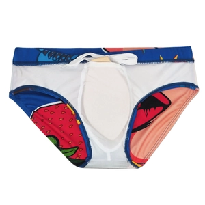Detail of men's printed swim briefs with inner mesh lining and removable cup insert