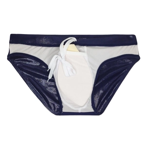 Détail du slip de bain bleu pour homme avec coussin de protection interne et cordon