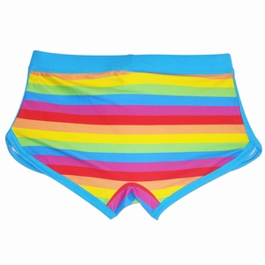 Detail of men's athletic swim trunks with rainbow stripes and bright blue elastic trim