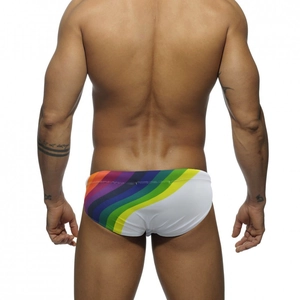 Back view of men's low-rise rainbow striped bikini swim briefs in white stretch fabric
