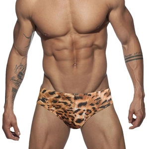 Men's low-rise swim briefs featuring sexy leopard print and high-elastic fabric design