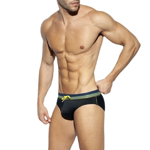 Men's sexy low waist swim briefs with multi-color striped wide waistband and yellow drawstring