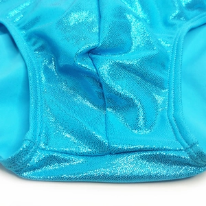 Close-up of shiny blue metallic coating and reinforced double stitching on swim briefs