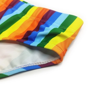 Detail of colorful rainbow striped men's swim briefs showing elastic knit fabric and stitching