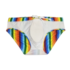 Detail view of rainbow striped swim trunks with white drawstring and protective inner pad