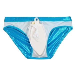 Détail du slip de bain bleu métallisé avec coussinet push-up et doublure blanche