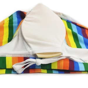 Detail of men's rainbow striped swim briefs with inner lining and removable sponge pad