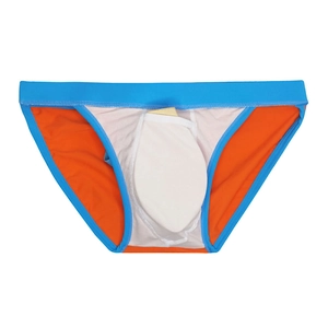Detailed view of men's orange swim briefs featuring internal pouch and removable protective pad