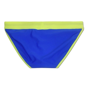 Flat lay view of blue men's swim briefs with contrasting neon yellow waistband and edges