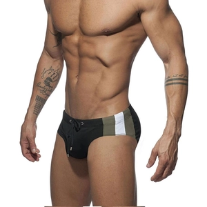 Men's black athletic swim briefs with side color block panels and adjustable drawstring