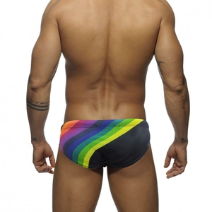 Rear view of men's athletic swim briefs featuring vibrant rainbow stripes and side black panel