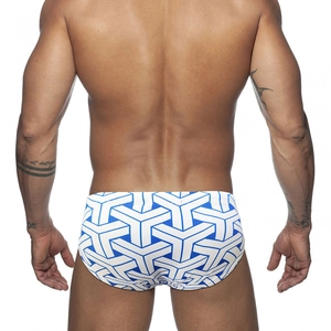 Rear view of men's slim fit swim briefs with blue and white geometric Y-pattern texture