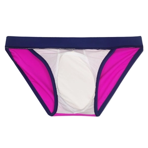 Detailed flat lay of pink men's high-cut swim briefs with navy trim and protective cup