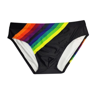 Detail of men's black swim briefs featuring rainbow side stripes and elastic fabric