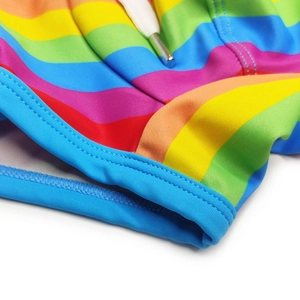 Detail of rainbow stripes on swimwear with a white drawstring and silver metal tips