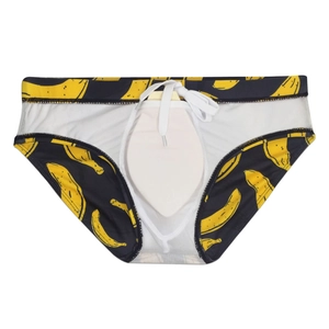 Détail du slip de bain pour homme avec imprimé bananes, cordon et rembourrage interne