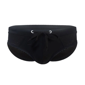 Men's black swim briefs with breathable mesh panels and adjustable drawstring waist