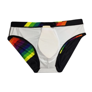 Detail view of men's black swim briefs with rainbow stripes and protective front cup pad