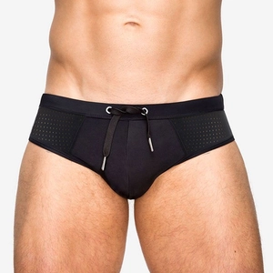 Men's sexy black mesh triangle swimming trunks with lace-up waist and breathable side panels